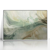 Framed wall art featuring an abstract design with colorful strokes in shades of blue, pink, and gold, set against a clean white background, ideal for modern decor.