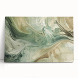 Abstract wall art featuring vibrant strokes in shades of blue, yellow, and orange on a stretched canvas, leaning against a neutral wall, adding a modern touch to home decor.