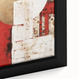 Close-up of a framed abstract wall art piece showcasing vibrant strokes in shades of blue, orange, and gold, ideal for modern home decor. This artistic canvas adds a contemporary touch to any room.