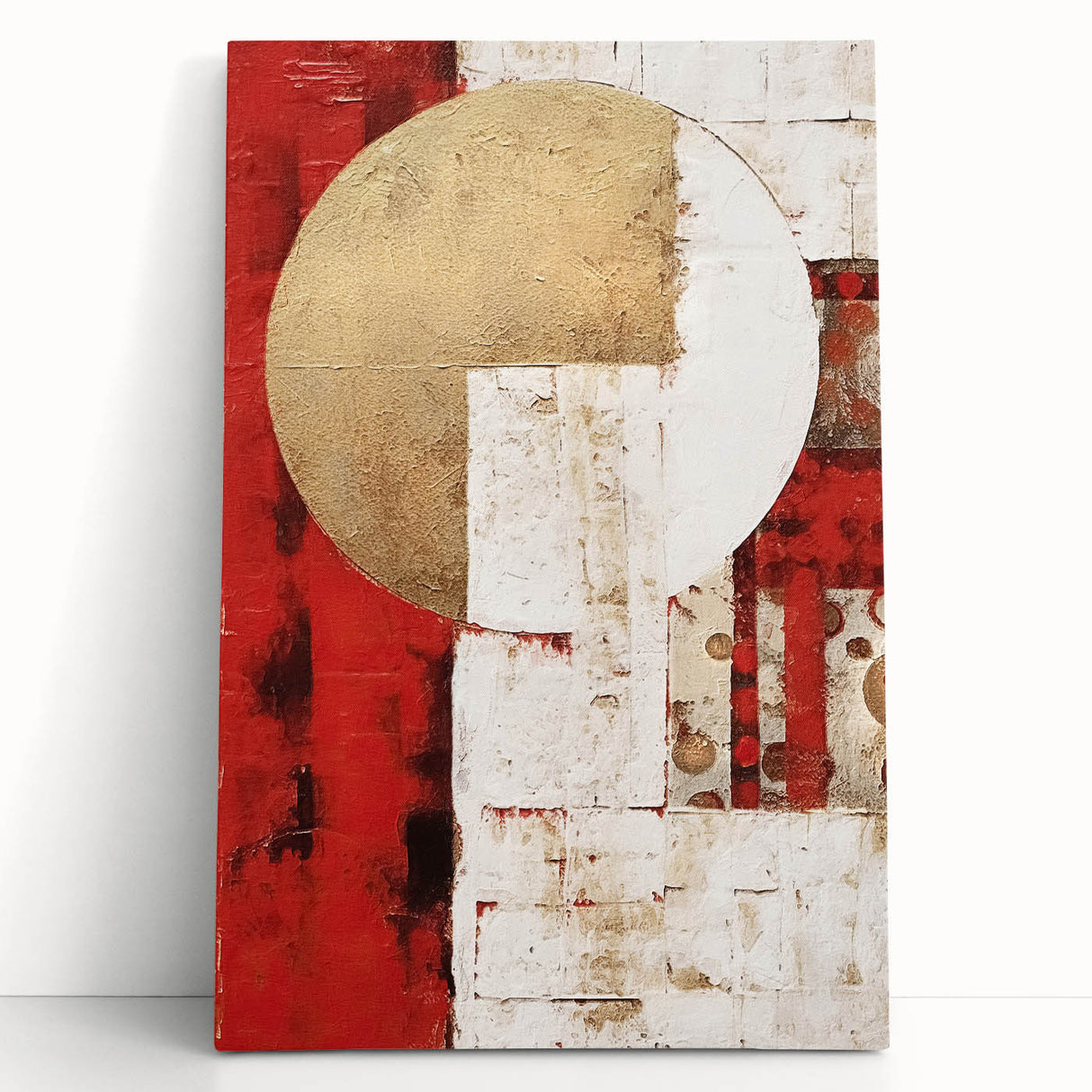 Abstract wall art featuring vibrant strokes of blue, orange, and gold on stretched canvas, leaning against a white backdrop, perfect for modern decor.