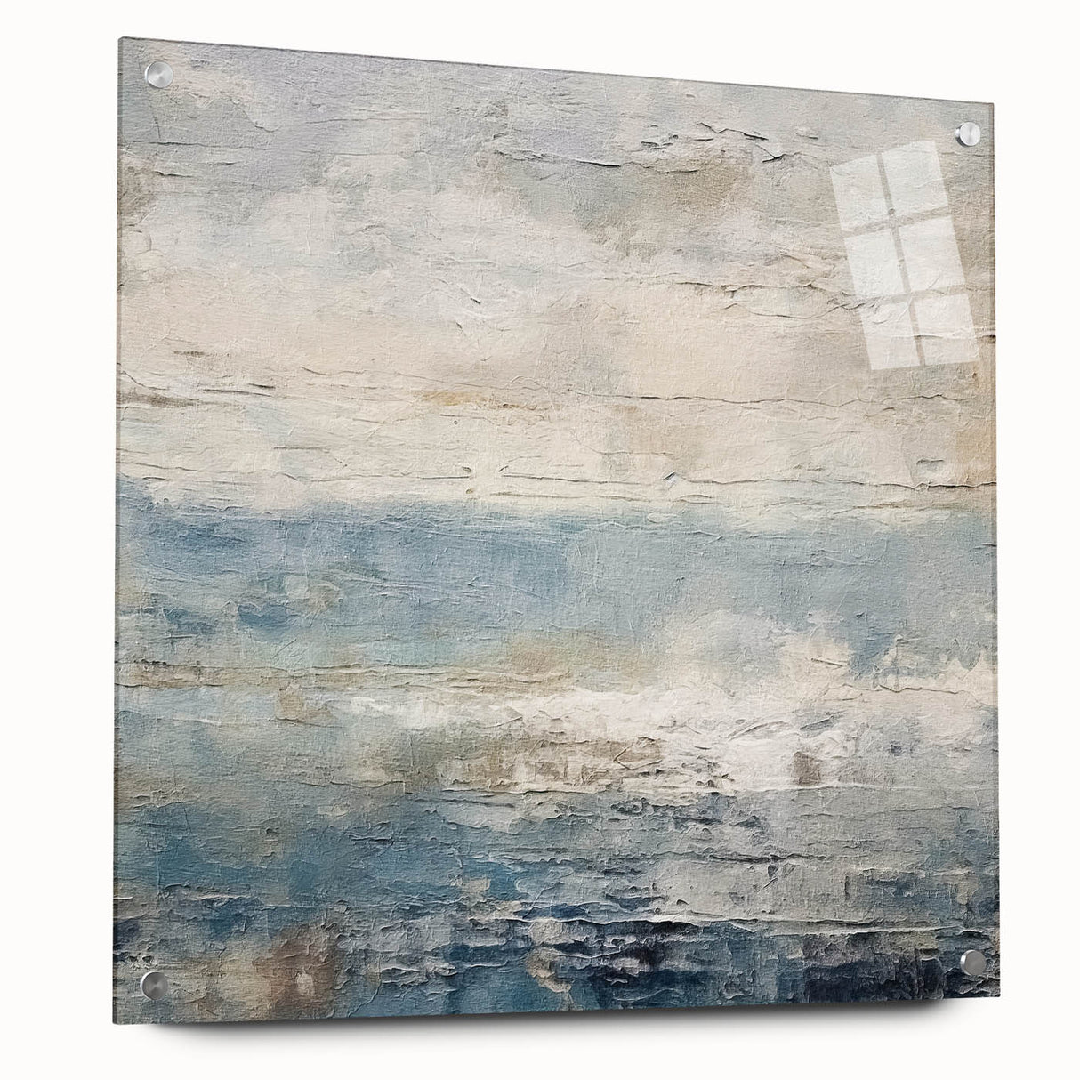 Abstract wall art piece featuring bold strokes in vibrant colors, displayed in a sleek acrylic glass frame with visible pins, ideal for modern decor.