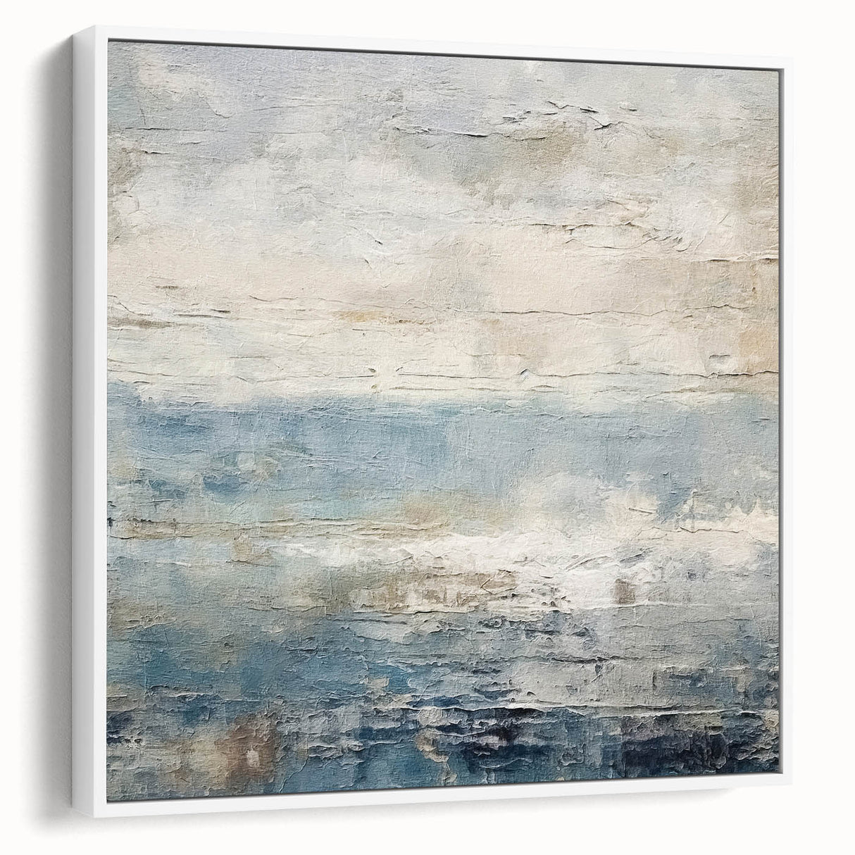 Framed canvas wall art featuring abstract strokes in white and grey tones, showcasing a modern design with a sleek side view, perfect for contemporary decor.