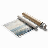 Abstract wall art print featuring vibrant strokes in shades of blue, pink, and gold, designed to add a modern touch to any interior decor, rolled for easy framing.