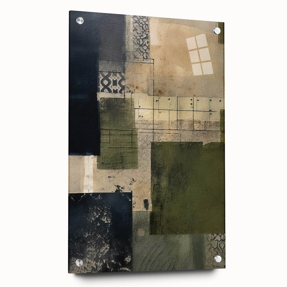 Abstract wall art featuring vibrant, swirling strokes in shades of blue, pink, and gold, displayed in a sleek acrylic frame, showcasing artistic depth and modern design.