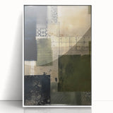 Framed abstract wall art featuring colorful strokes in shades of blue, pink, and gold, set in a sleek white frame, ideal for modern home decor.