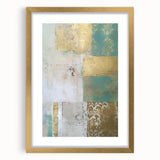 Abstract wall art print showcasing vibrant gold and muted tones in an elegant frame with a mat, perfect for modern home decor or office settings.