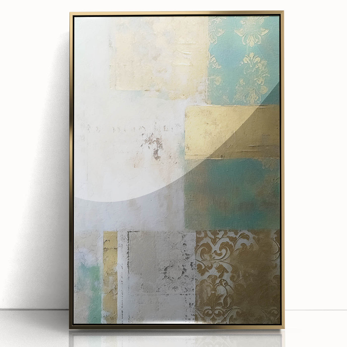Framed abstract wall art showcasing dynamic gold and black strokes on acrylic, perfect for modern home decor. Elegant design adds sophistication to any space.