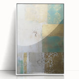 Framed abstract wall art featuring vibrant strokes in blue, pink, and gold on a white background, ideal for modern home decor, displayed from a front view.