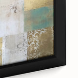 Abstract wall art featuring vibrant strokes in blue, orange, and yellow hues, displayed in a sleek black frame, ideal for modern home decor. Close-up reveals textured details and brushstroke techniques, enhancing visual appeal for art enthusiasts.