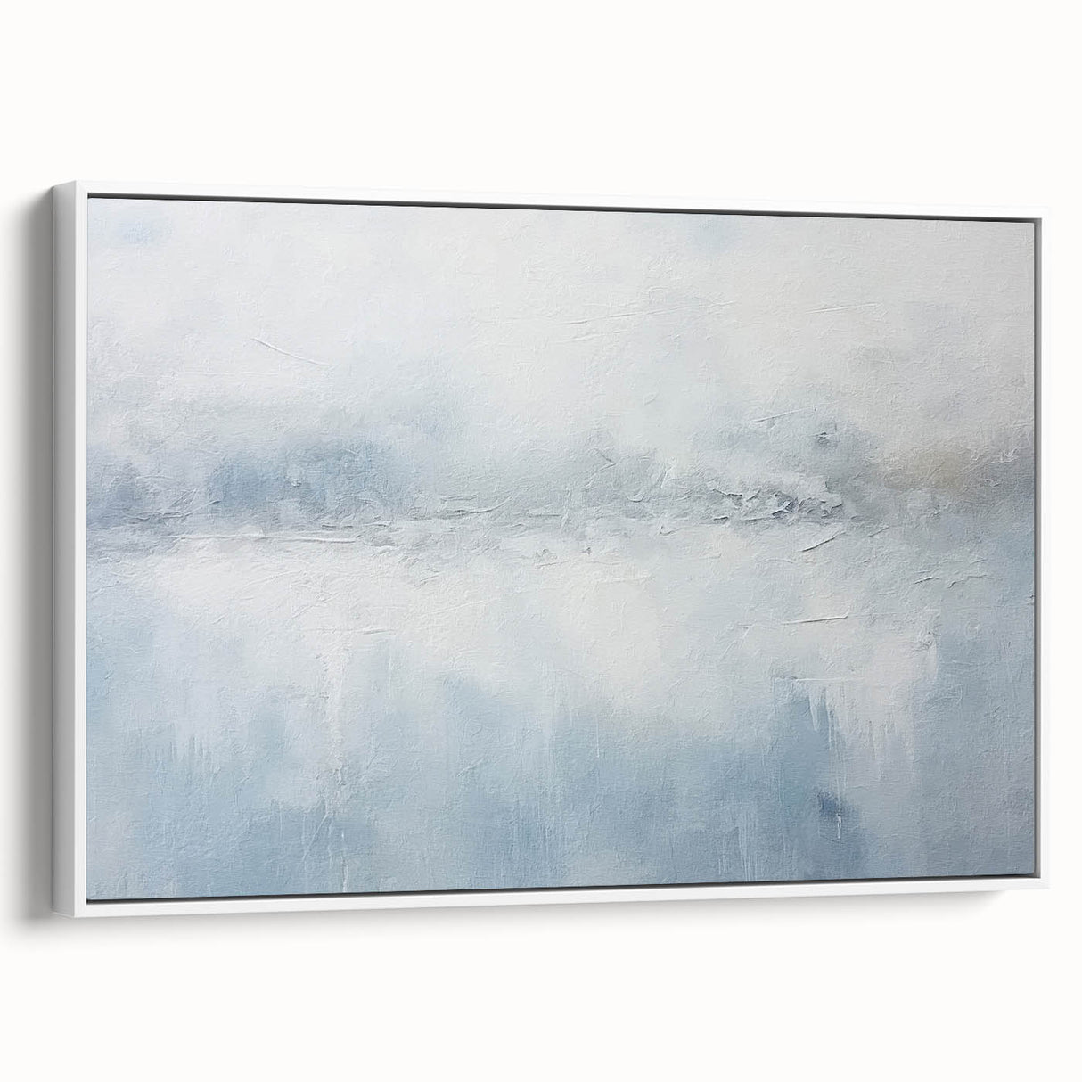 Abstract wall art featuring colorful strokes in a modern design, framed in white, viewed from the side, perfect for contemporary home decor.