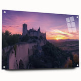 Side view of an acrylic glass landscape artwork depicting a majestic castle, showcasing vibrant colors and fine detailing, mounted with stylish pins.