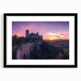 Elegant black-framed landscape artwork featuring a majestic castle set against a serene backdrop, complete with a white mat for a polished presentation. Ideal for home decor.