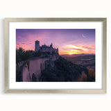Elegant silver-framed landscape artwork featuring a detailed castle scene, accented with a white mat, perfect for enhancing home decor or office interiors.