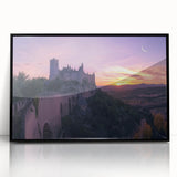 Framed acrylic artwork depicting a scenic landscape with a castle, featuring a sleek black frame that enhances its modern aesthetic, ideal for home decor.