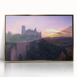 Framed acrylic artwork depicting a serene landscape with a majestic castle, complemented by a luxurious gold frame, ideal for home or office decor.