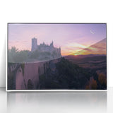 Framed acrylic artwork depicting a serene landscape with a majestic castle surrounded by lush greenery, showcasing vibrant colors and intricate details. Perfect for enhancing home decor with a touch of elegance.