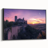 Framed canvas artwork depicting a picturesque landscape with a majestic castle, highlighted by vibrant colors and intricate details, set against a black frame.