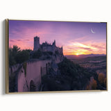 Framed canvas artwork depicting a majestic castle landscape, featuring rich colors and intricate details, with a gold frame that enhances its elegance, perfect for home decor.