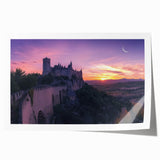 Rolled print showcasing a vibrant landscape with a majestic castle surrounded by lush greenery, ideal for home décor. Packaged securely in a cardboard tube for easy transport.