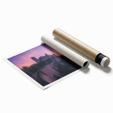 Rolled canvas print showcasing a stunning landscape featuring a majestic castle surrounded by lush greenery and a vibrant sky, perfect for home decor.