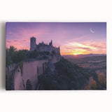 Stretched canvas artwork depicting a scenic landscape with a majestic castle surrounded by lush greenery and a clear blue sky, perfect for home decor.