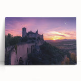 Stretched canvas artwork depicting a serene landscape with a majestic castle, featuring vibrant colors and intricate details, perfect for home decor.