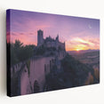 Stretched canvas artwork showcasing a scenic landscape with a majestic castle, featuring vibrant colors and intricate details, perfect for home decor.