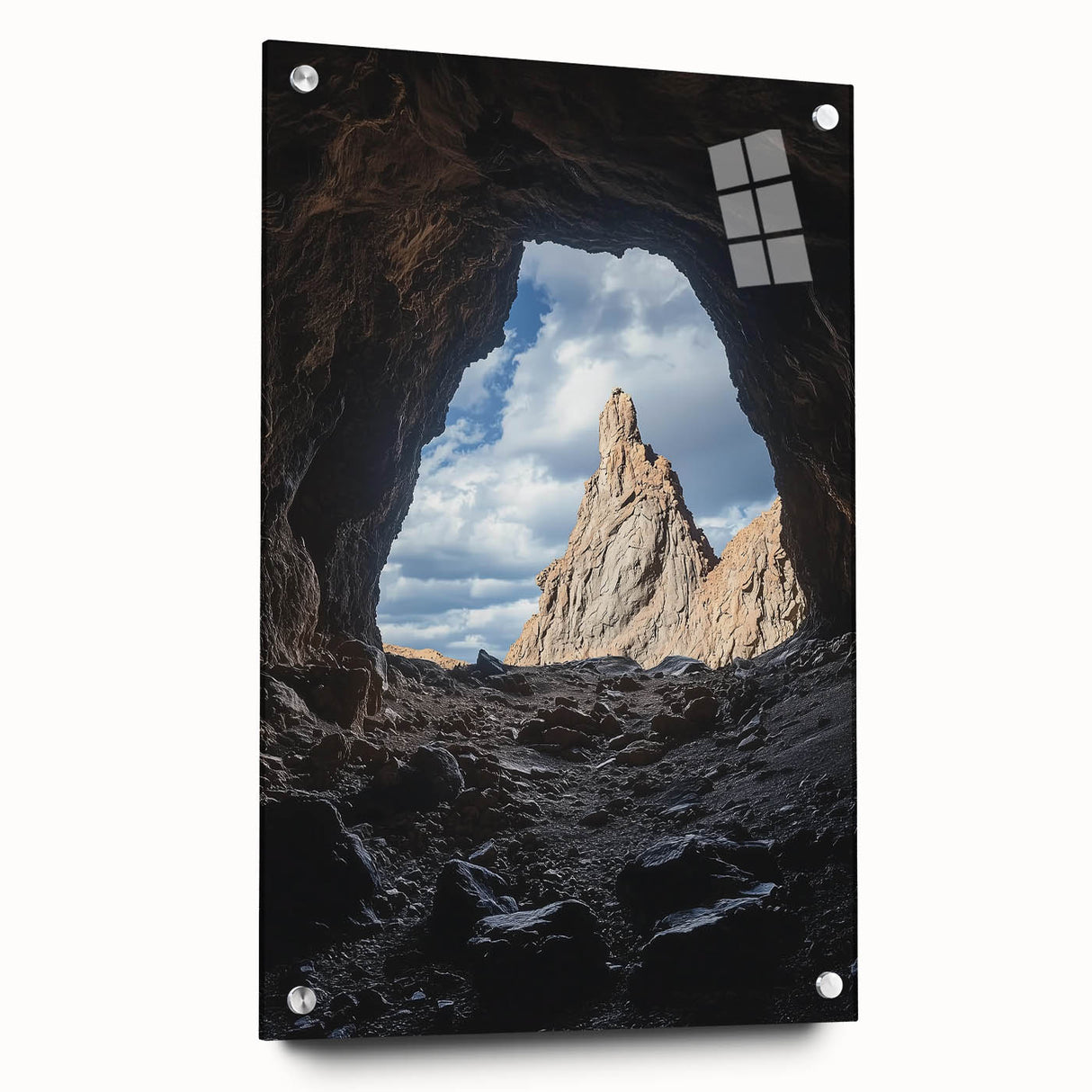 Acrylic glass artwork depicting a stunning cave landscape from a side view, highlighting intricate details and vibrant colors, ideal for modern home decor.