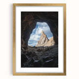 Framed landscape artwork depicting a serene cave scene, featuring a gold mat and elegant frame, ideal for enhancing home decor with natural beauty.