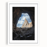 Elegant white-framed landscape art print showcasing intricate cave designs, featuring a matte finish and perfect for enhancing modern home decor. Ideal for art enthusiasts seeking unique, nature-inspired wall art.
