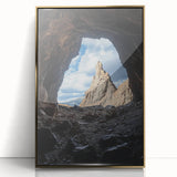 Framed acrylic artwork depicting a stunning cave landscape, featuring rich gold tones and intricate details, perfect for enhancing modern interior decor.