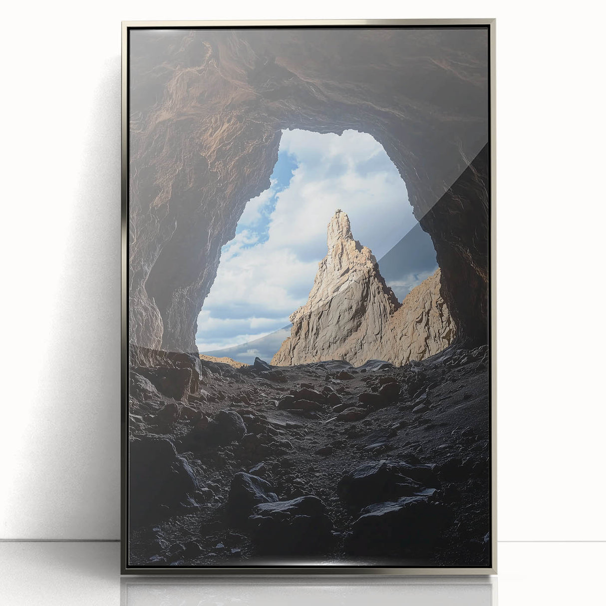 Framed acrylic artwork showcasing a stunning cave landscape with intricate details, set in a sleek silver frame. Perfect for modern home decor.