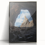 Framed acrylic artwork showcasing a stunning cave landscape with intricate details, set in a sleek silver frame. Perfect for modern home decor.
