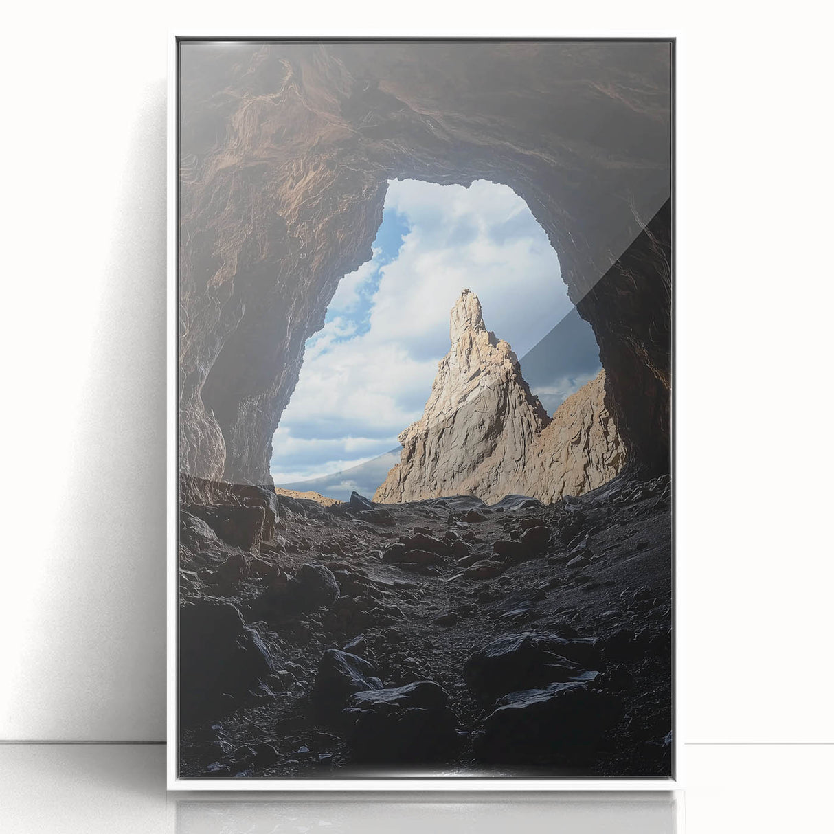 Framed acrylic landscape artwork depicting a serene cave scene with vibrant colors, showcased in a sleek white frame, perfect for modern home decor.
