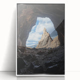 Framed acrylic landscape artwork depicting a serene cave scene with vibrant colors, showcased in a sleek white frame, perfect for modern home decor.