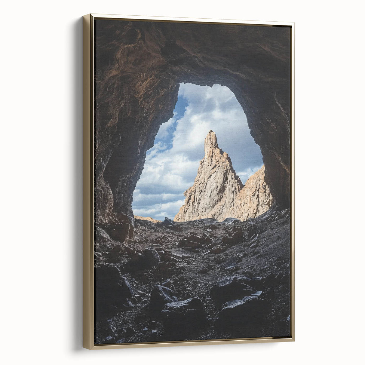 Framed canvas art depicting a scenic cave landscape, featuring rich gold accents and a textured finish, perfect for enhancing modern home decor.