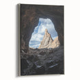 Framed canvas artwork showcasing a stunning landscape with intricate cave formations, displaying a silver side view, perfect for modern home decor.