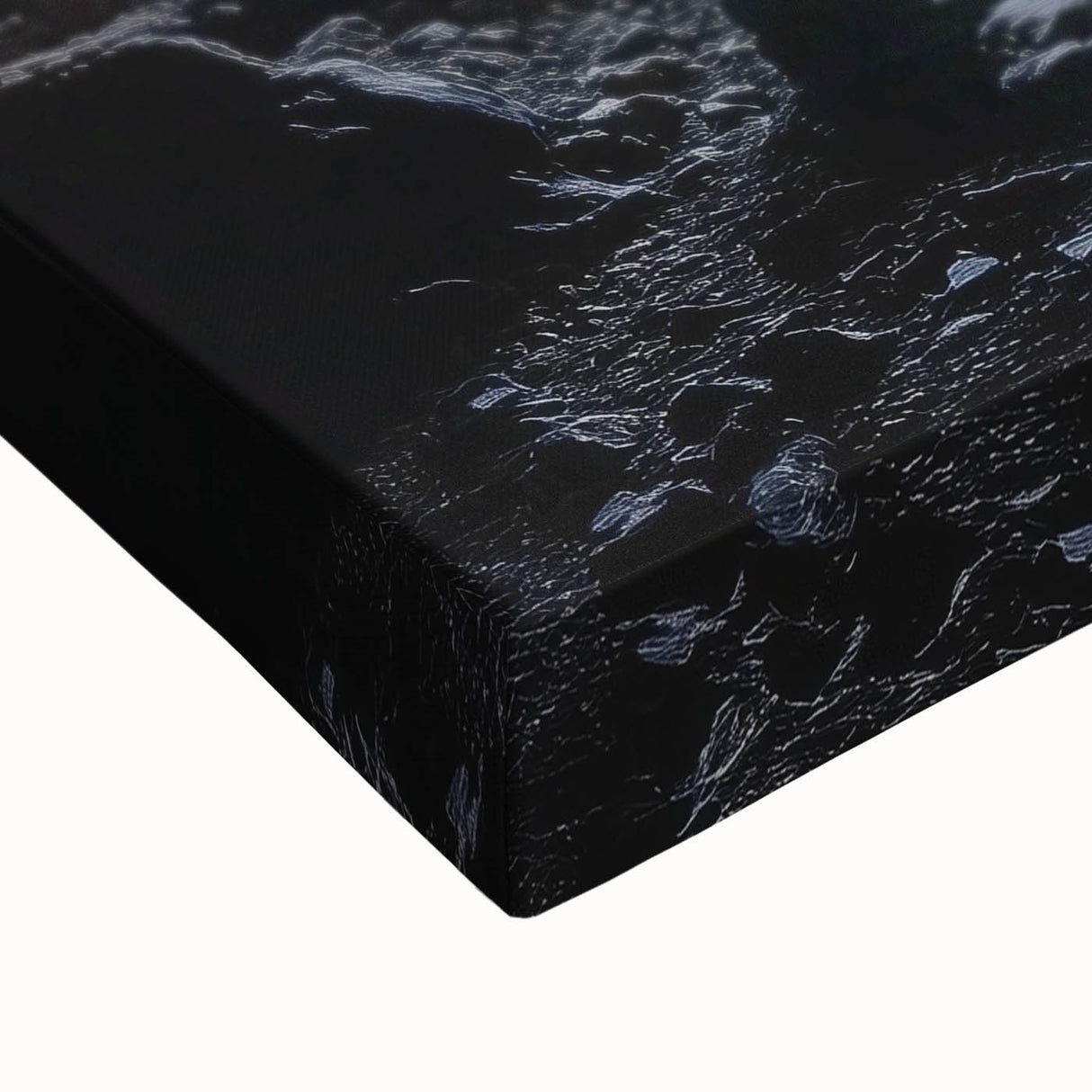Close-up of a stretched canvas artwork depicting a vibrant landscape with intricate cave formations, showcasing earthy tones and textured details, perfect for home decor.