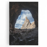 Stretched canvas artwork depicting a serene landscape with caves, showcasing earthy tones and intricate details, ideal for home decor and enhancing interior spaces.