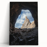 Stretched canvas artwork depicting an intricate landscape scene with caves, featuring vibrant colors and dynamic textures, perfect for home decor.
