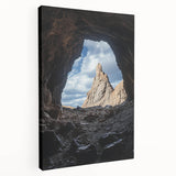 Stretched canvas artwork depicting a stunning landscape with caves, showcasing earthy tones and intricate details, perfect for enhancing home decor and artistic ambiance.