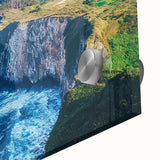 Close-up of an acrylic landscape artwork showcasing vibrant cliffs and rich color contrasts, perfect for home décor, emphasizing natural beauty and artistic detail.