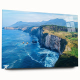 Acrylic glass artwork depicting vibrant cliffs landscape in rich colors, showcasing a side view without pins, perfect for modern home decor or office art.