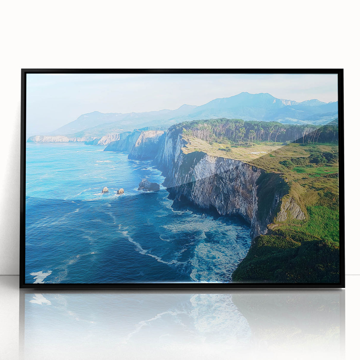 Framed acrylic artwork depicting dramatic cliffs and serene landscapes, showcasing rich colors and intricate details, perfect for enhancing modern decor.
