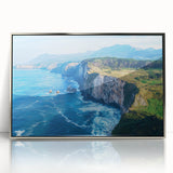 Framed acrylic landscape artwork depicting dramatic cliffs and serene ocean waves, showcasing vibrant colors and modern design, perfect for enhancing home decor.