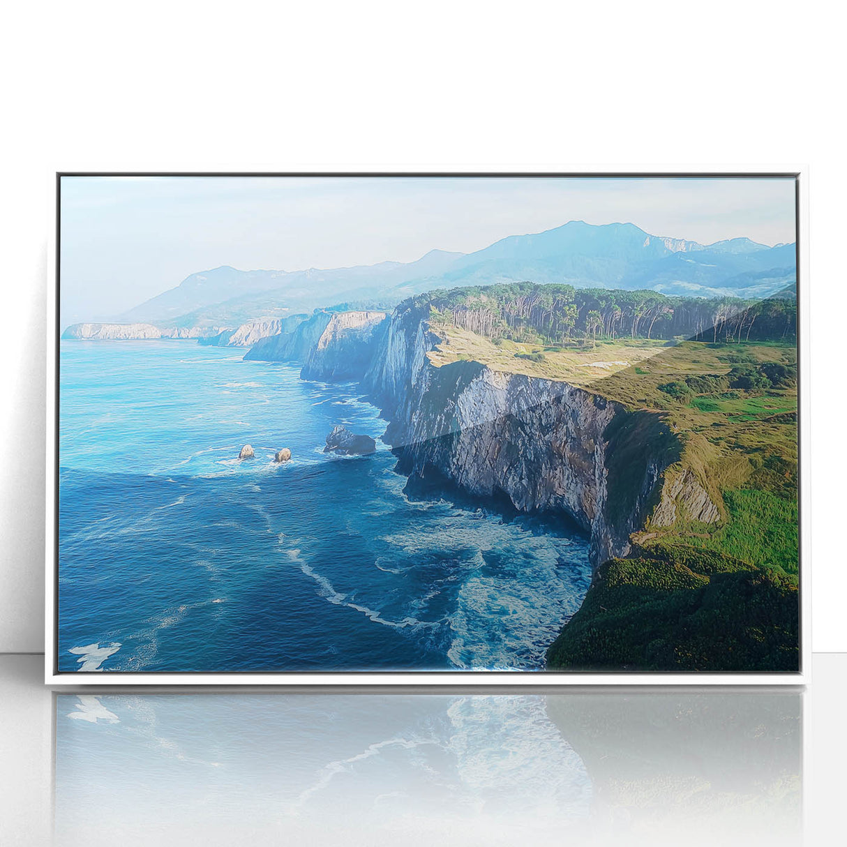 Framed acrylic artwork depicting a breathtaking landscape of majestic cliffs, featuring vibrant colors and intricate details, ideal for home decor or office spaces.