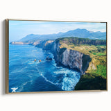 Framed canvas artwork showcasing a stunning landscape of cliffs with vibrant colors and gold accents, designed for elegant home decor. Ideal for modern interiors.