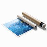Stunning rolled print showcasing a vibrant landscape of cliffs and dramatic skies, perfect for home decor, enclosed in a protective cardboard tube.