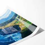 Stunning landscape print showcasing dramatic cliffs under a vibrant sunset, rolled for easy transport and featuring rich colors that enhance any decor. Perfect for nature lovers.