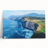 Stretched canvas artwork depicting dramatic cliffs in a serene landscape, showcasing earthy tones and intricate details, perfect for home decor or art enthusiasts.
